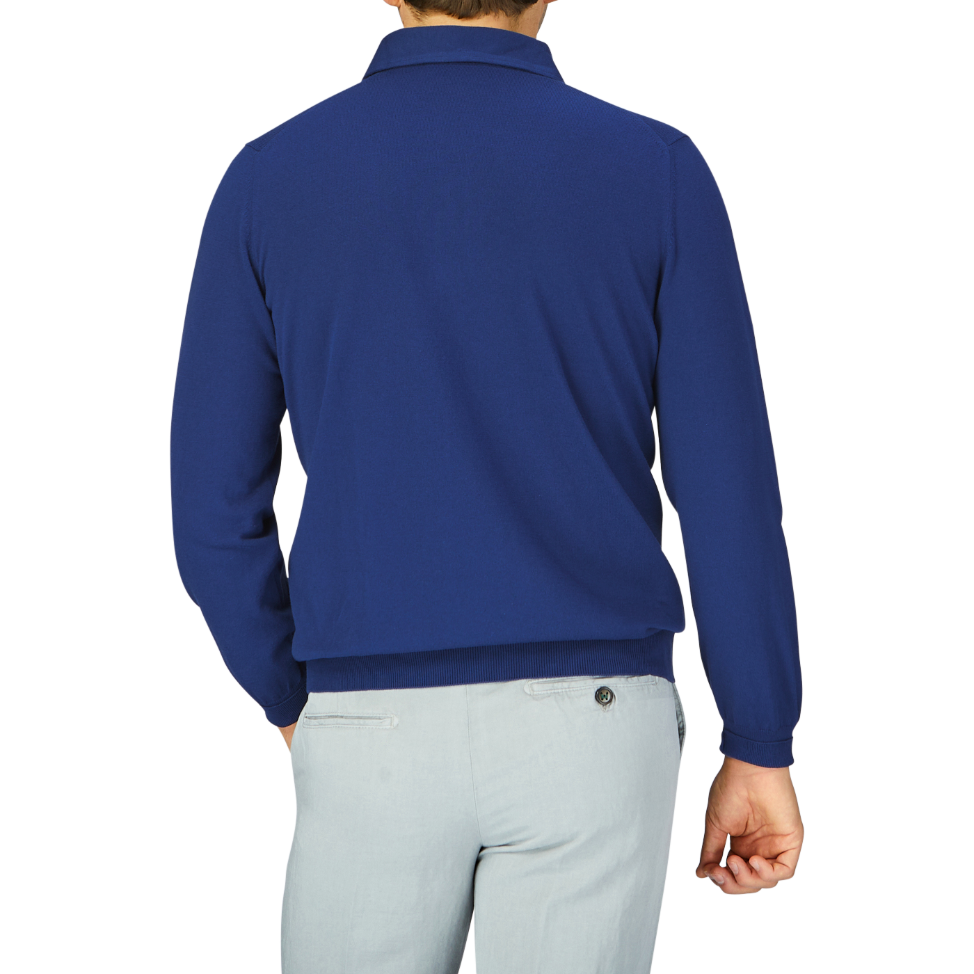 Rear view of a person wearing a Gran Sasso Indigo Blue Organic Cotton LS Polo Shirt and light gray pants.