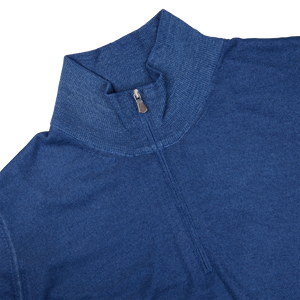 A men's Indigo Blue Vintage Merino Wool 1/4 Zip Sweater with a zipper, ideal for layering by Gran Sasso.