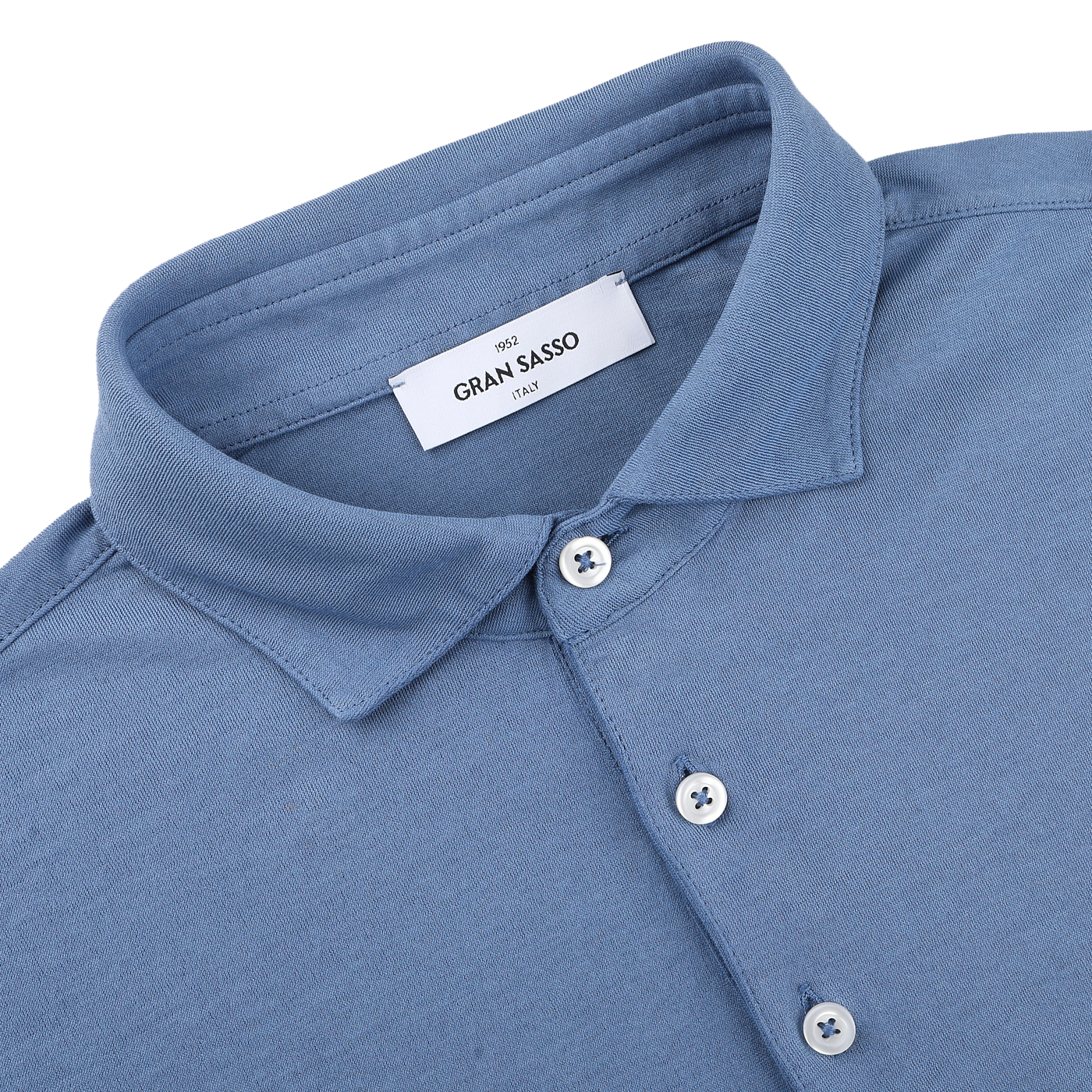 Indigo Blue Washed Cotton Popover Shirt by Gran Sasso, featuring buttons and a visible "Gran Sasso Italy" label, crafted from pure cotton jersey for a comfortable slim fit.