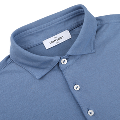 Indigo Blue Washed Cotton Popover Shirt by Gran Sasso, featuring buttons and a visible "Gran Sasso Italy" label, crafted from pure cotton jersey for a comfortable slim fit.