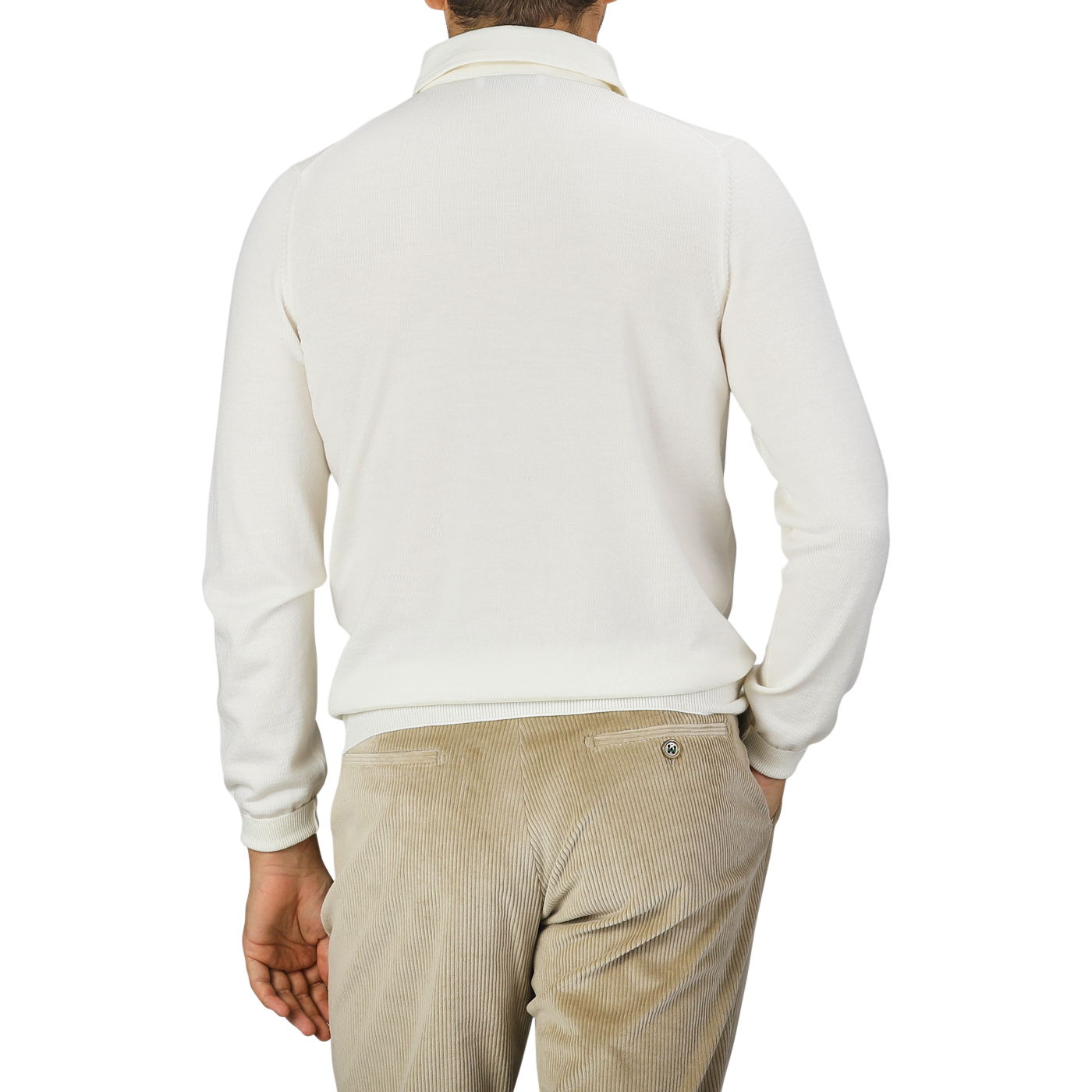 A man is wearing an Ivory Merino Wool One-Piece Collar Polo Shirt by Gran Sasso and beige corduroy pants, shown from the back.