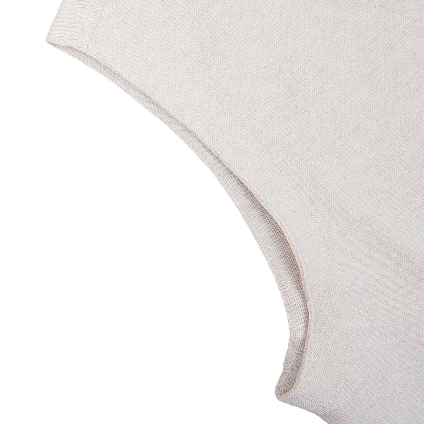 A close-up of a Light Beige Fresh Cotton Knitted Waistcoat edge with neat stitching on a white surface by Gran Sasso.