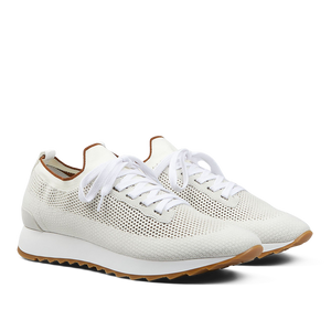 A pair of white, breathable, lightweight, lace-up Gran Sasso Light Beige Technical Knitted Nylon Trainers with a tan lining and a flat sole.