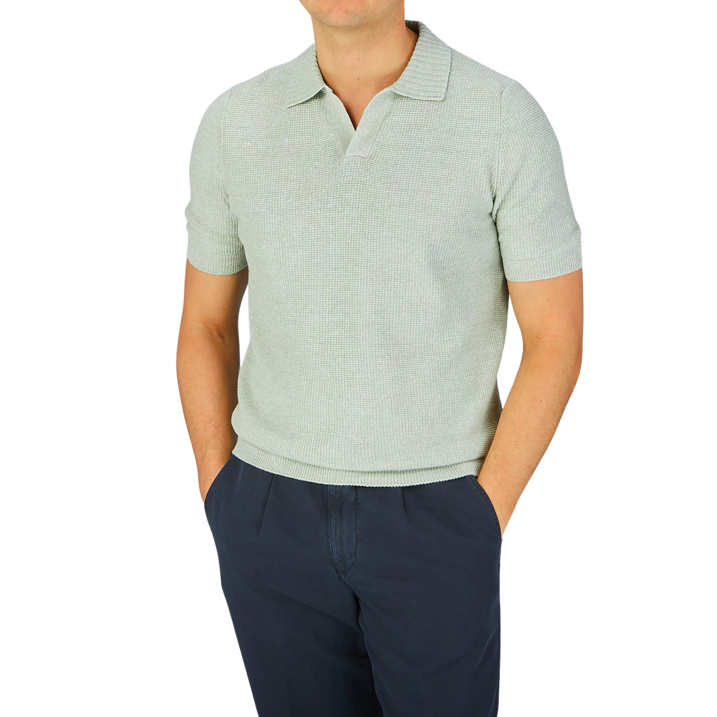 A man wearing a Gran Sasso Light Green Cotton Linen Polo Shirt.