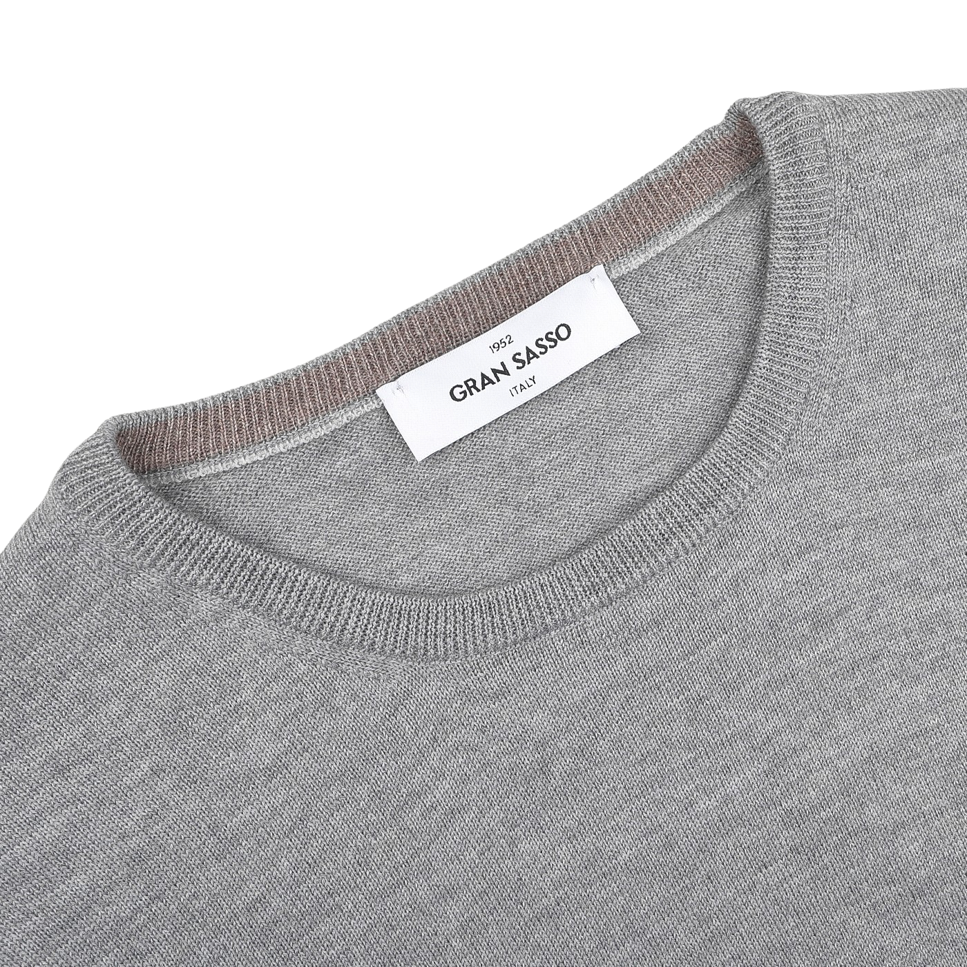 The Light Grey Extra Fine Merino Crew Neck by Gran Sasso features a visible inside collar label, ideal for classic business attire.