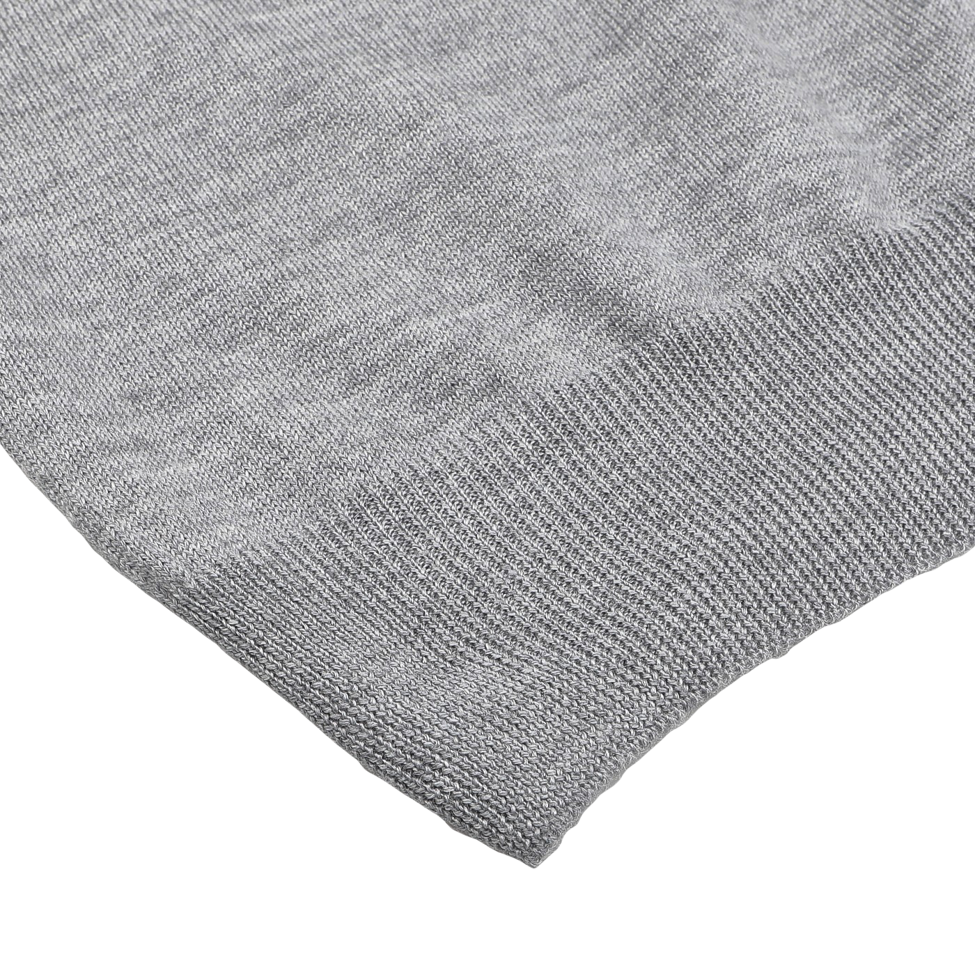 Close-up of the Light Grey Extra Fine Merino Crew Neck by Gran Sasso, showcasing its ribbed knit texture and garment edge on a white background, reminiscent of classic business attire.