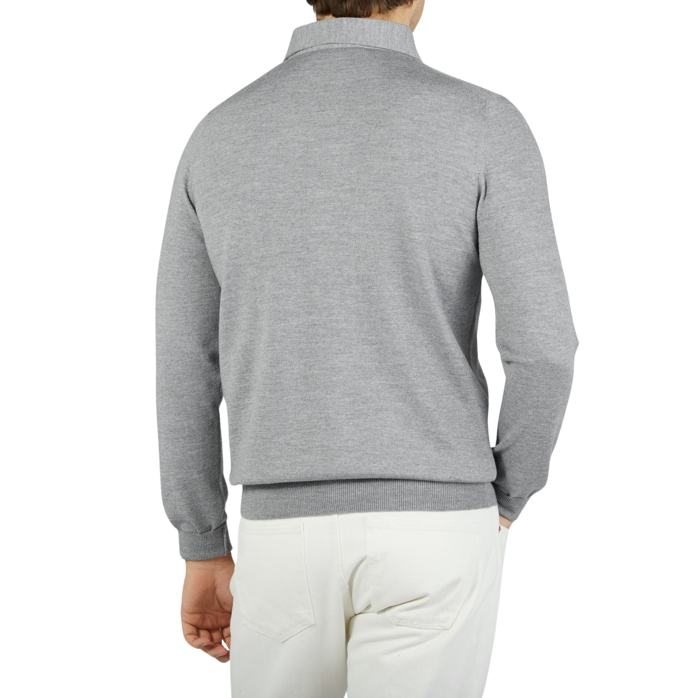 The back view of a man wearing a Light Grey Merino Wool One-Piece Collar Polo Shirt made by Gran Sasso.