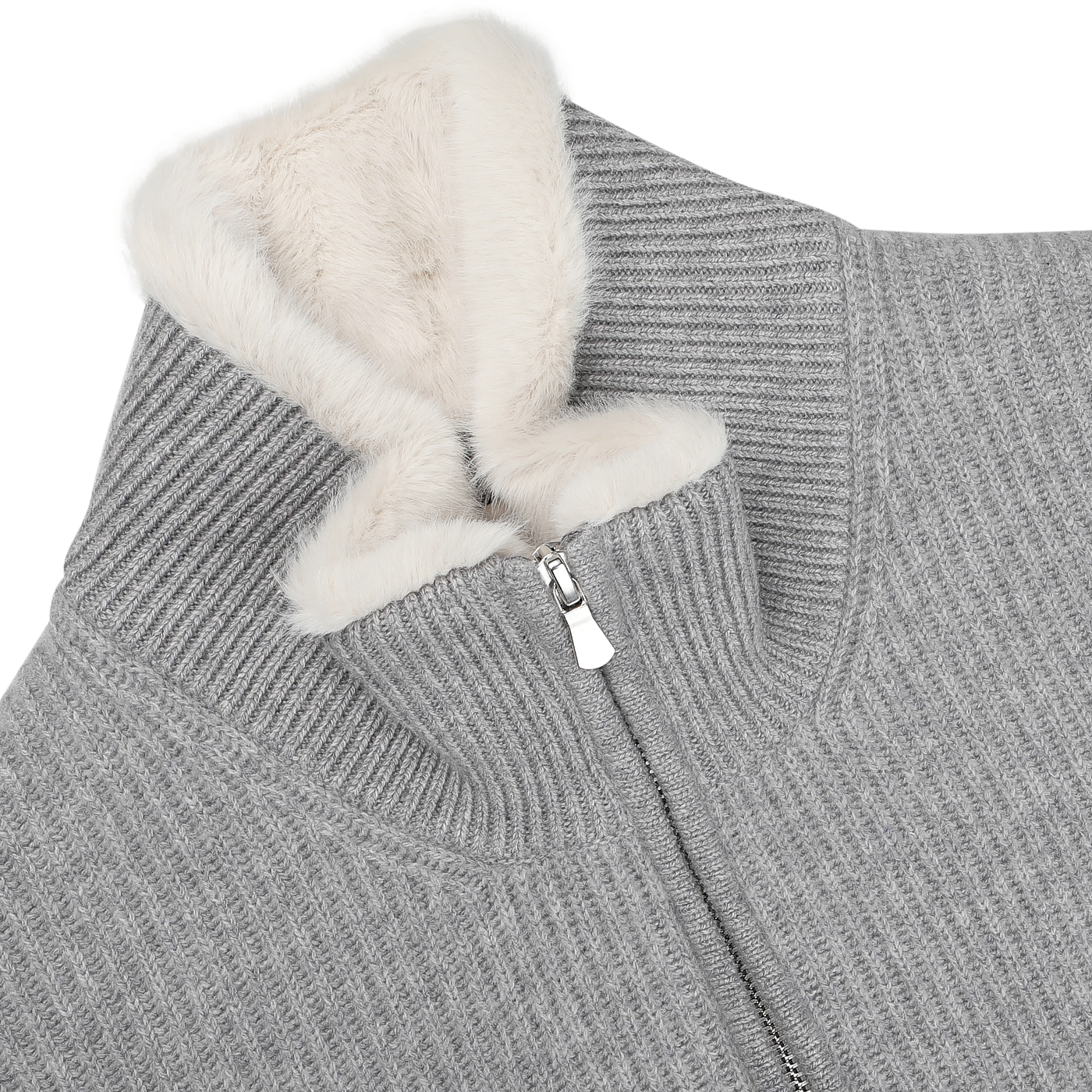 Light Grey Faux Fur Lined Cashmere Blouson by Gran Sasso, featuring a gray ribbed design and white faux fur collar, elegantly displayed on a light surface.