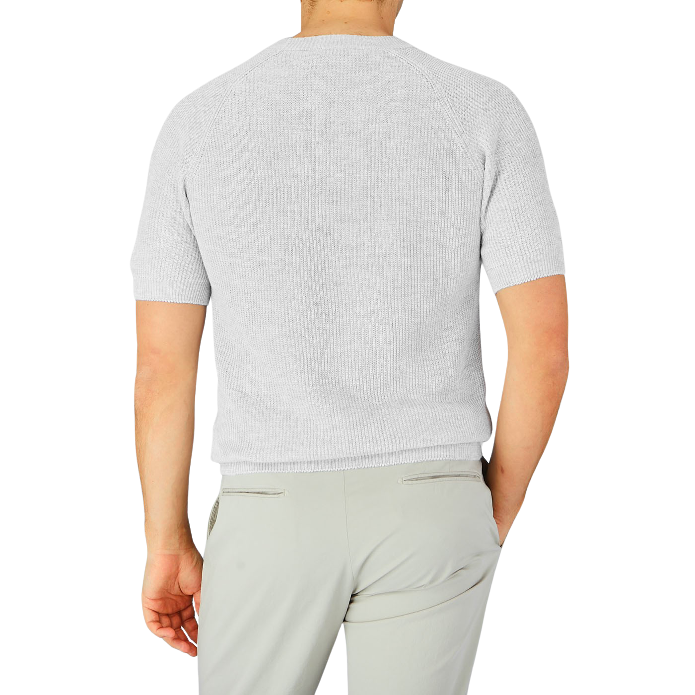 The back view of a man wearing a Gran Sasso Light Grey Linen Cotton T-shirt made with cotton-linen thread.