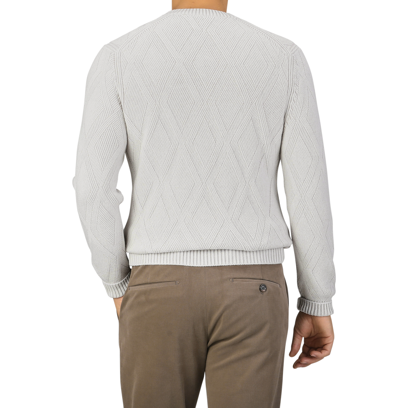 A person wearing a Gran Sasso Light Grey Wool Cashmere Diamond Knit Sweater and brown pants is shown from the back.