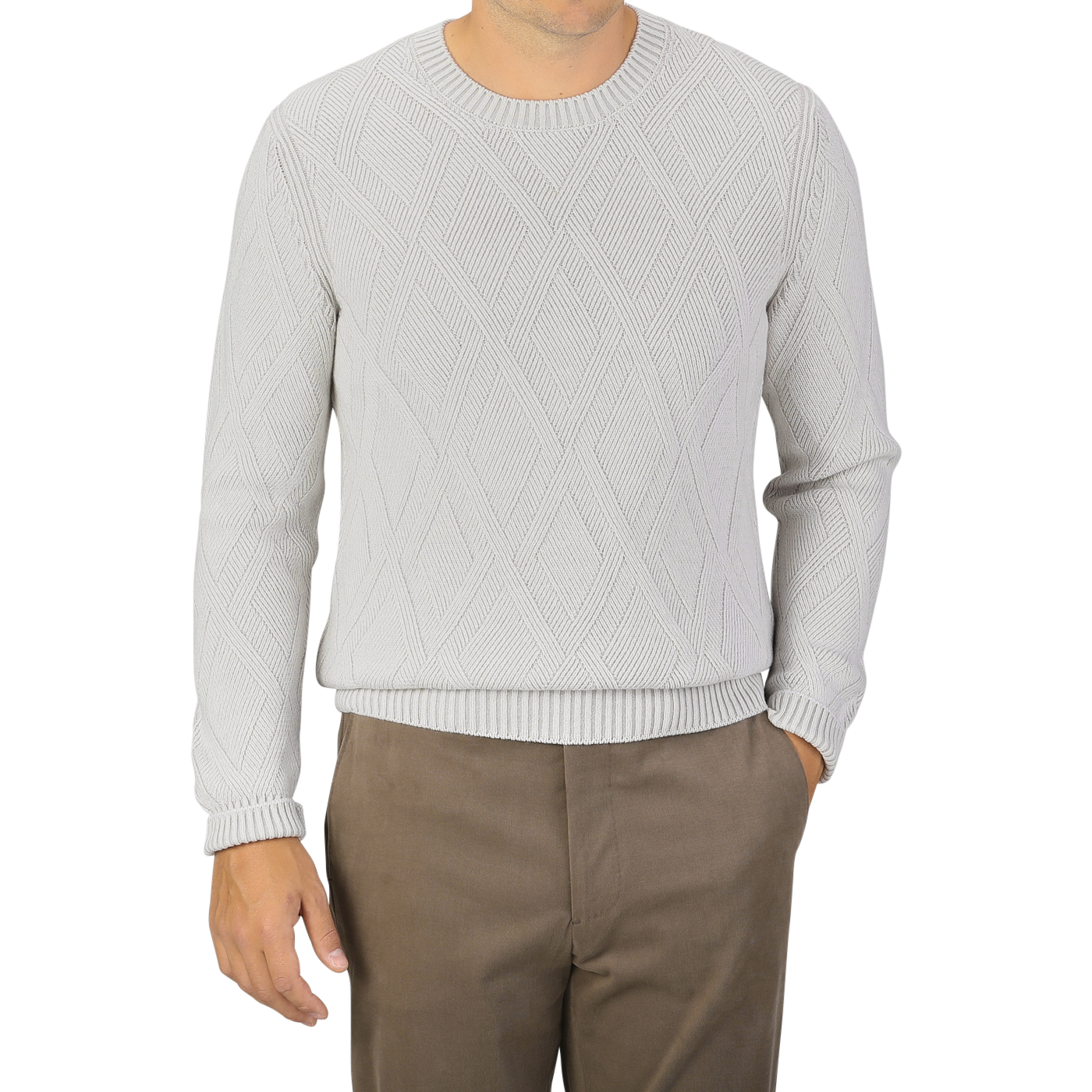 A person wearing a Light Grey Wool Cashmere Diamond Knit Sweater by Gran Sasso and brown pants. The person's head is not visible.