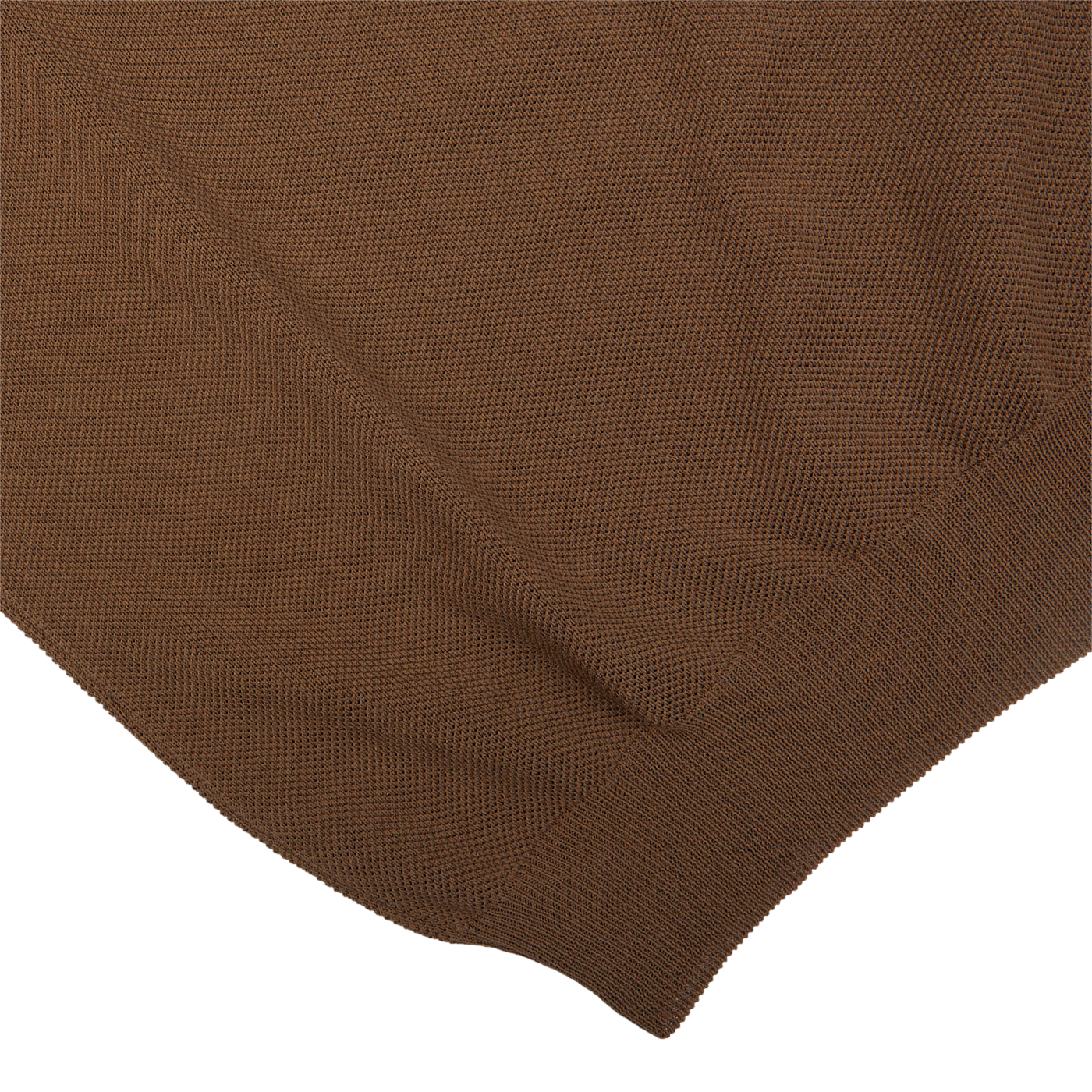 Close-up of a textured Mid-Brown Fresh Cotton Mesh Polo Shirt fabric by Gran Sasso with folded edge on a white background, highlighting its breathability.