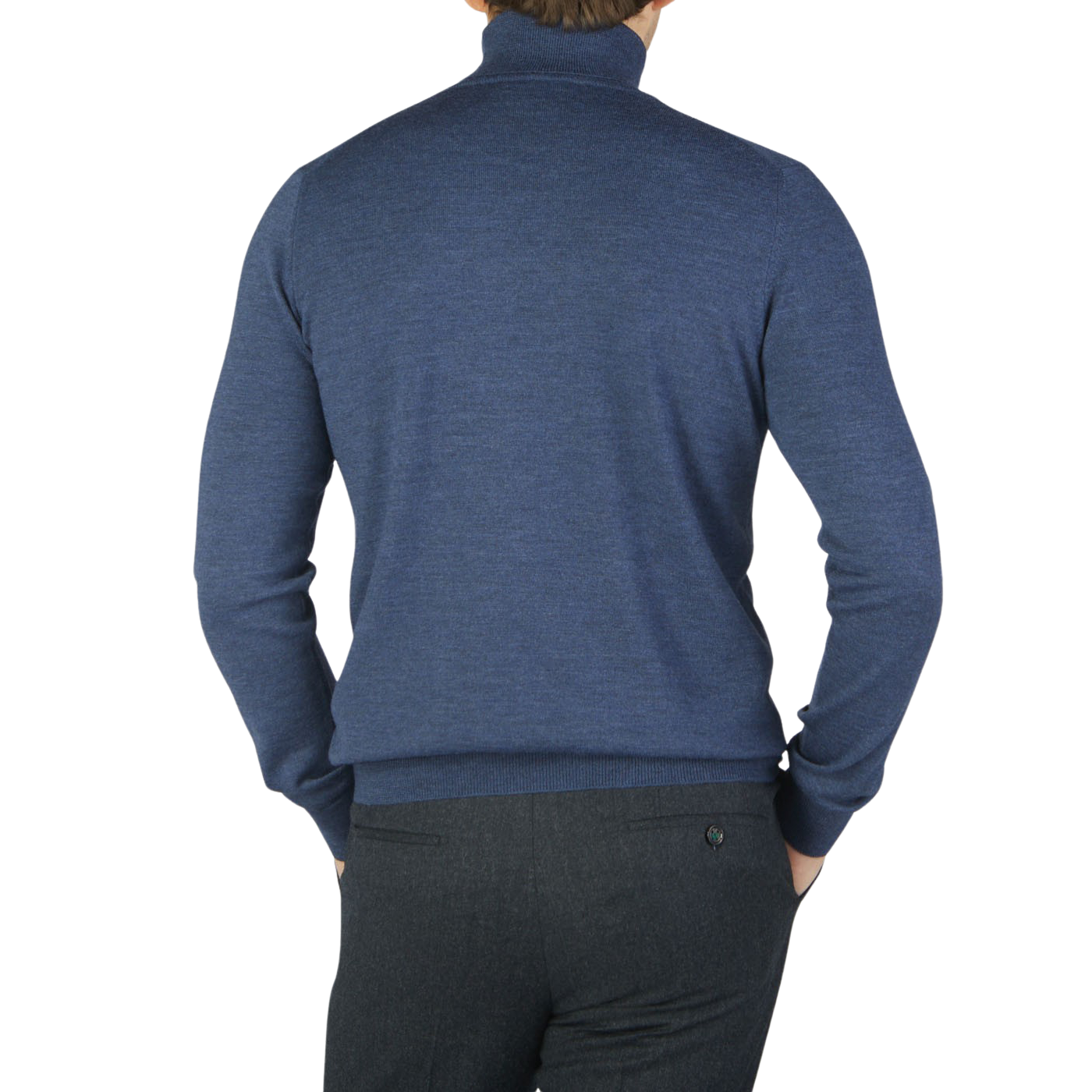 The back view of a man wearing a Gran Sasso Mid Blue Extra Fine Merino Roll Neck sweater.