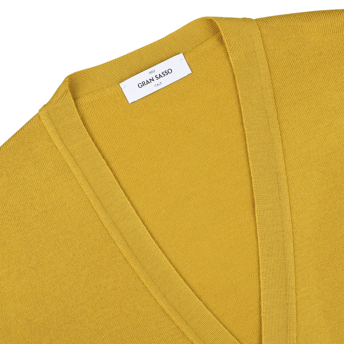 Close-up of a mustard yellow Gran Sasso Extra Fine Merino cardigan with a V-neck, perfect for layering. The brand label is visible near the collar, and it's crafted from luxurious merino wool.