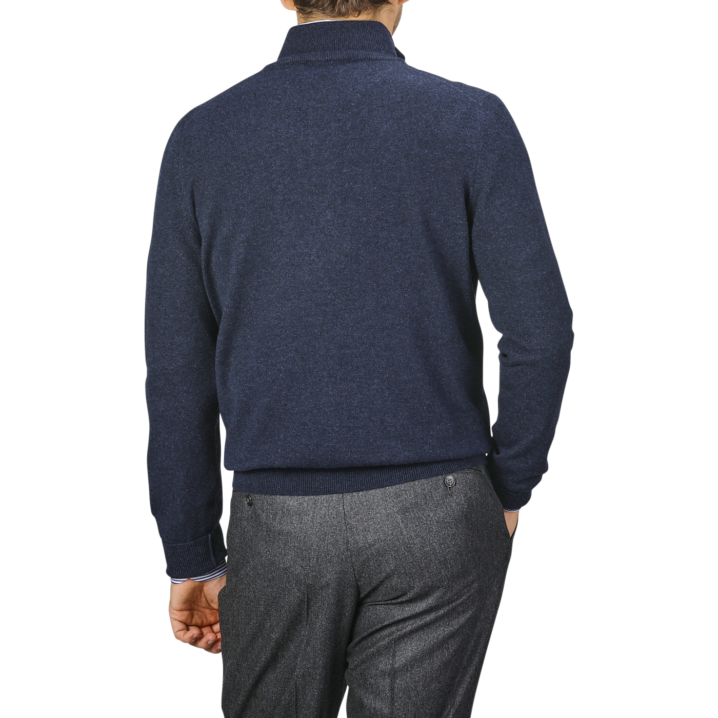 A person is seen from behind wearing a Gran Sasso Navy Blue Cashmere 1/4 Zip Sweater and gray pants against a neutral background.