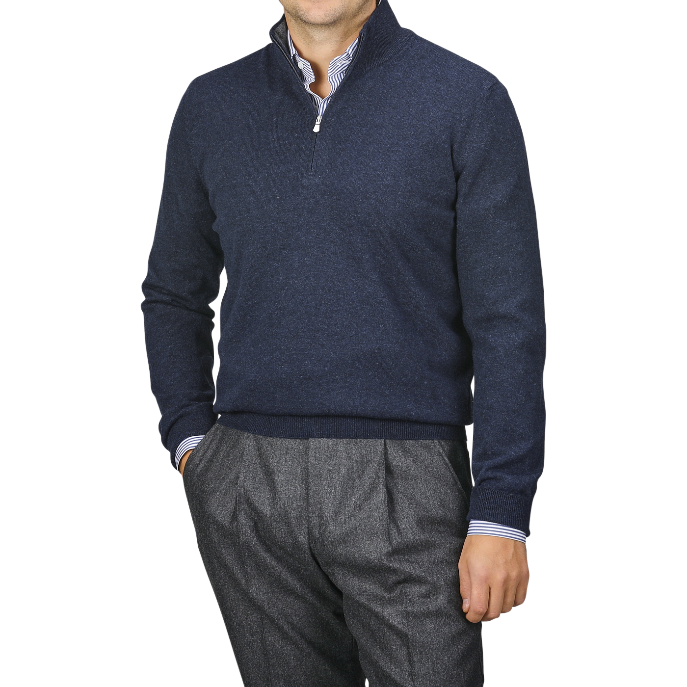 A person wearing a Gran Sasso Navy Blue Cashmere 1/4 Zip Sweater over a striped shirt and gray trousers, with hands in pockets.