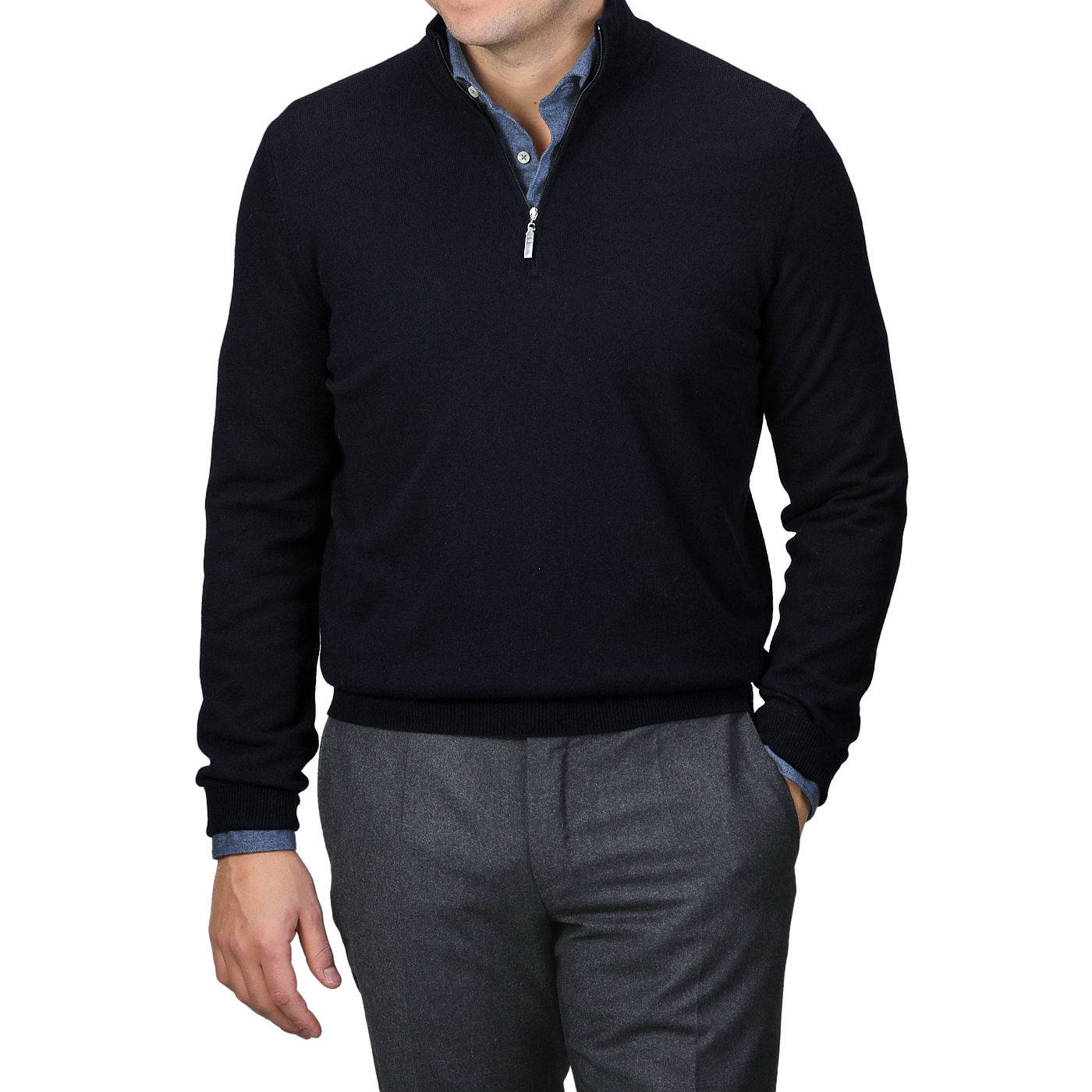 A person wearing a Gran Sasso Navy Blue Cashmere 1/4 Zip Sweater over a blue shirt with gray trousers, hands in pockets.