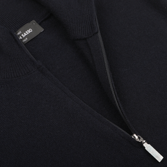 Close-up of a Navy Blue Cashmere 1/4 Zip Sweater by Gran Sasso, highlighting its premium knitwear quality and featuring a visible label on the inside collar.