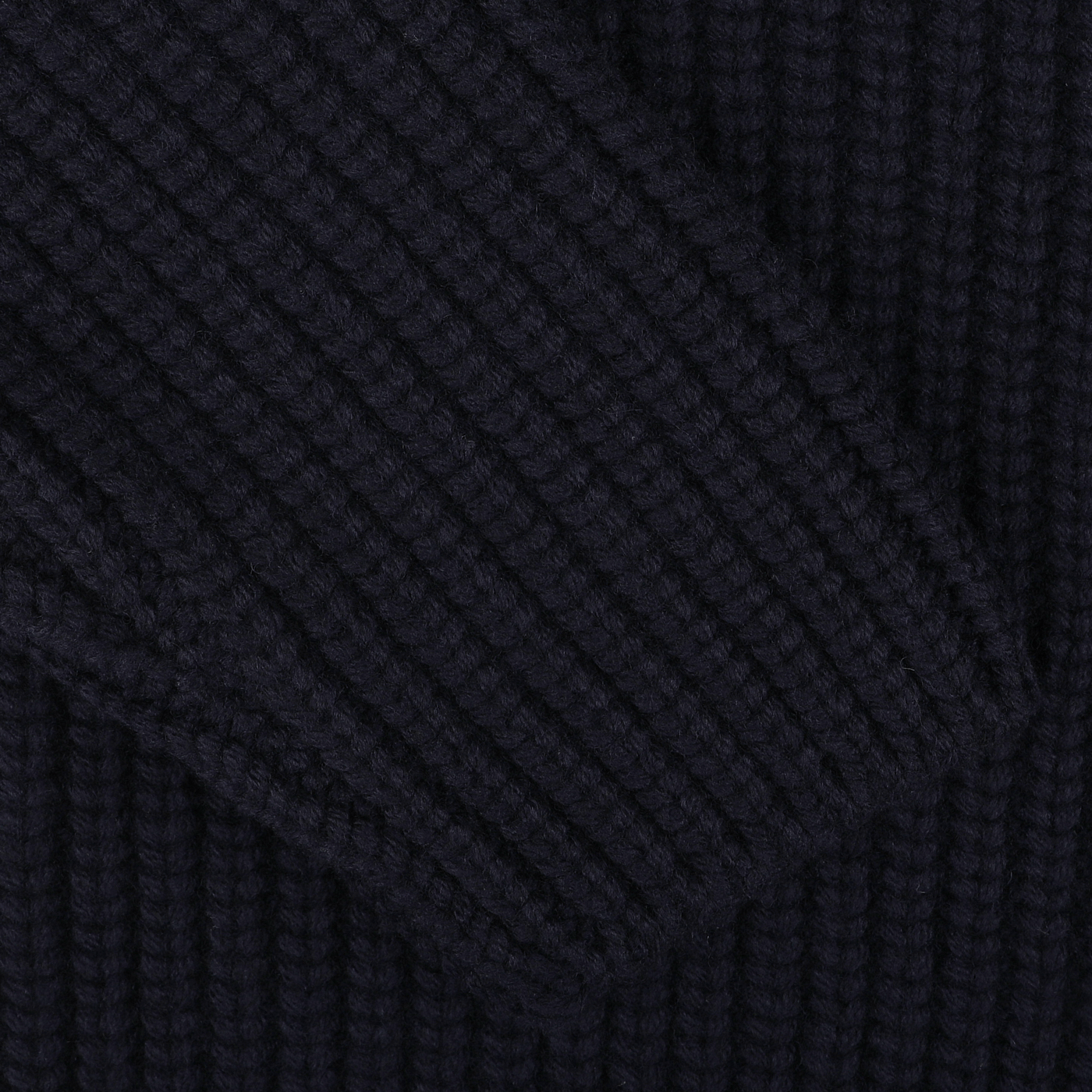 Close-up of the Navy Blue Chunky Knitted Wool Cardigan by Gran Sasso, highlighting thick, parallel ribbed stitching patterns crafted from pure wool thread.