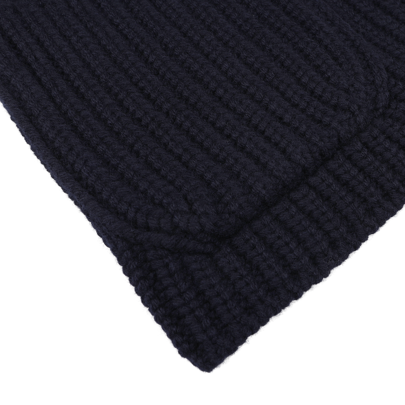 Close-up of a folded, navy blue, chunky cable-knit fabric with a ribbed pattern, crafted from pure wool thread by Gran Sasso for their Wool Cardigan collection.