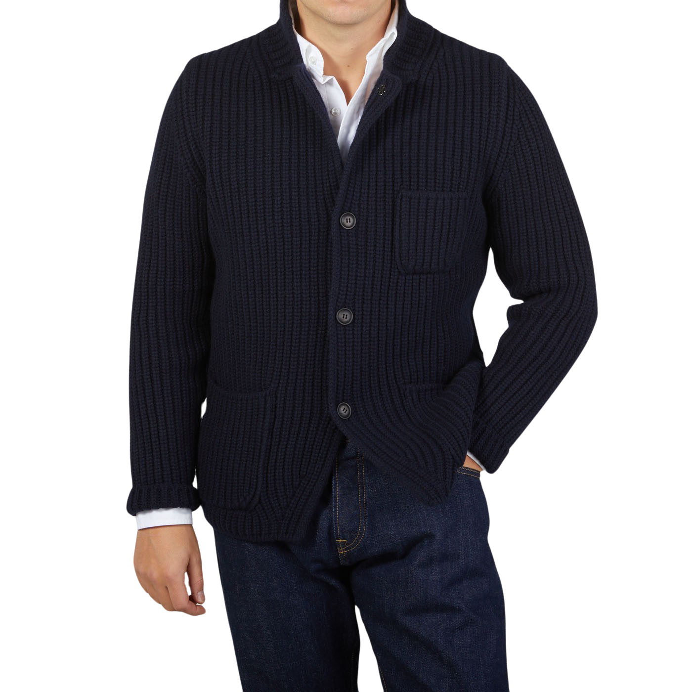A man wearing Gran Sasso's Navy Blue Chunky Knitted Wool Cardigan from their Sartorial program.