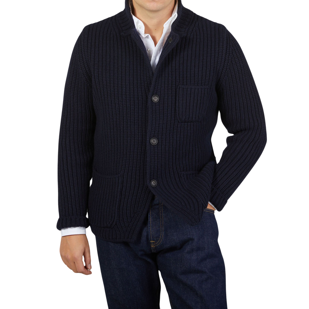 A man wearing Gran Sasso's Navy Blue Chunky Knitted Wool Cardigan from their Sartorial program.
