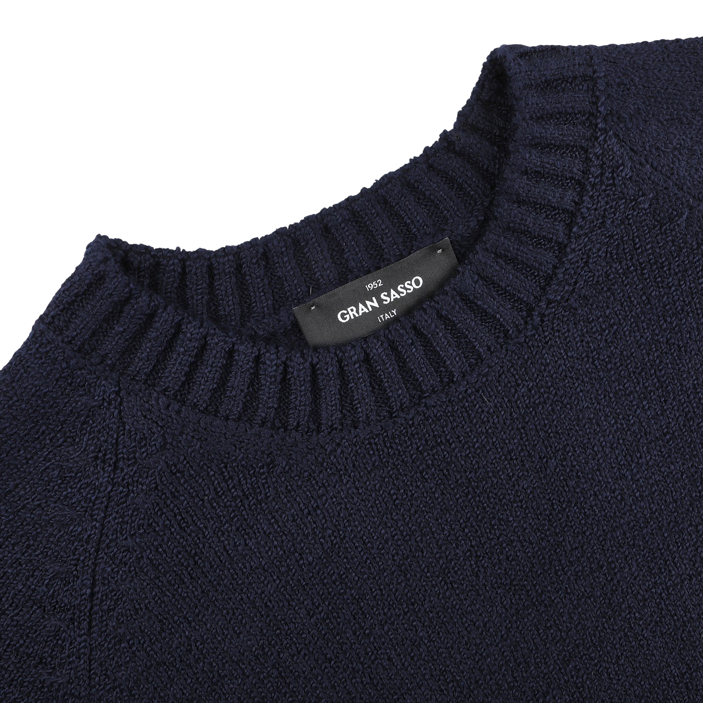 A close-up of the Navy Blue Cotton Boucle Crewneck Sweater from Gran Sasso shows its ribbed neckline. Inside, a black label reads "Gran Sasso, Italy.