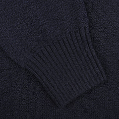 Gran Sasso's Navy Blue Cotton Boucle Crewneck Sweater is shown close-up, featuring its detailed texture and ribbed cuffs in a regular fit.