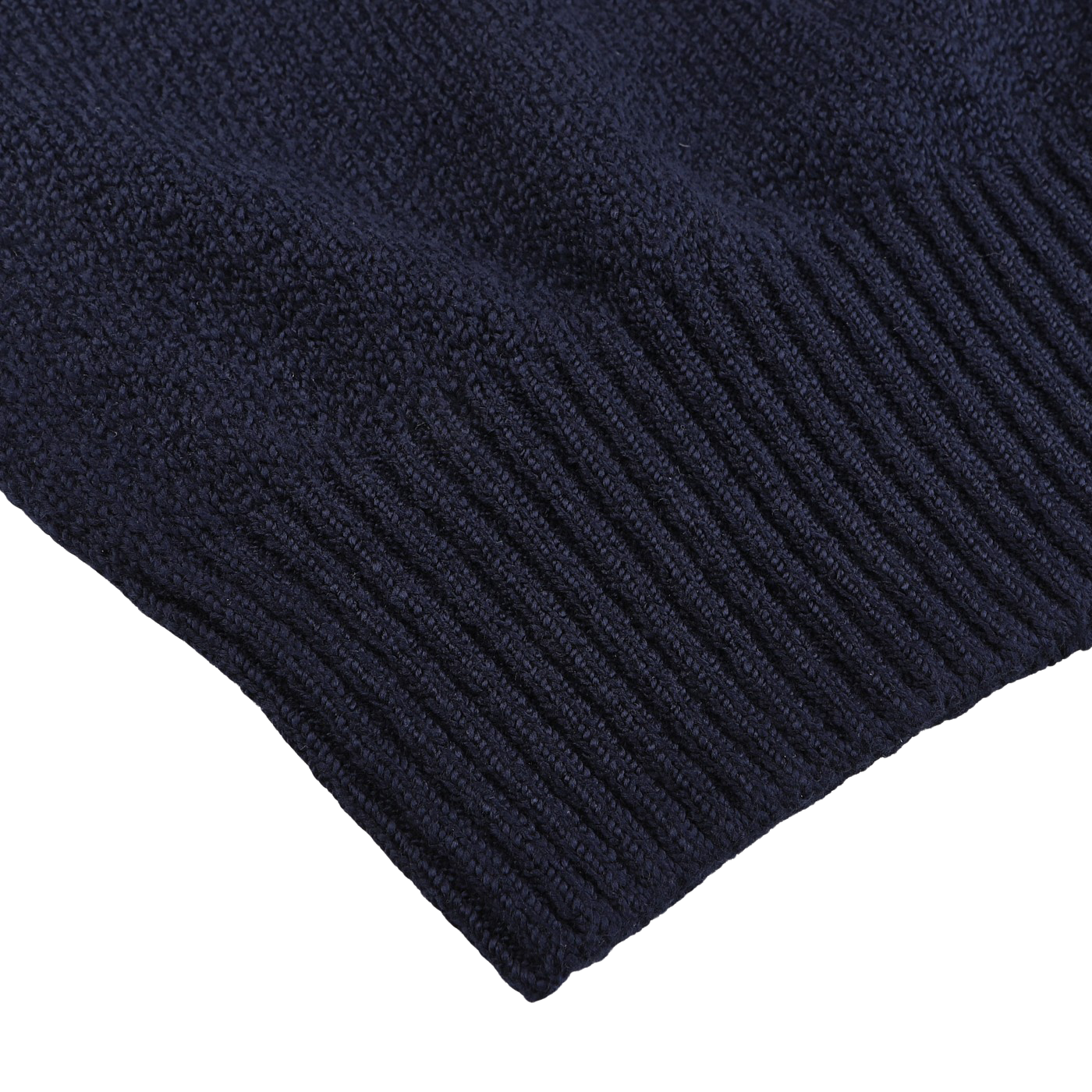 Close-up of the Gran Sasso Navy Blue Cotton Boucle Crewneck Sweater, expertly knitted with ribbed edging, set against a white background.