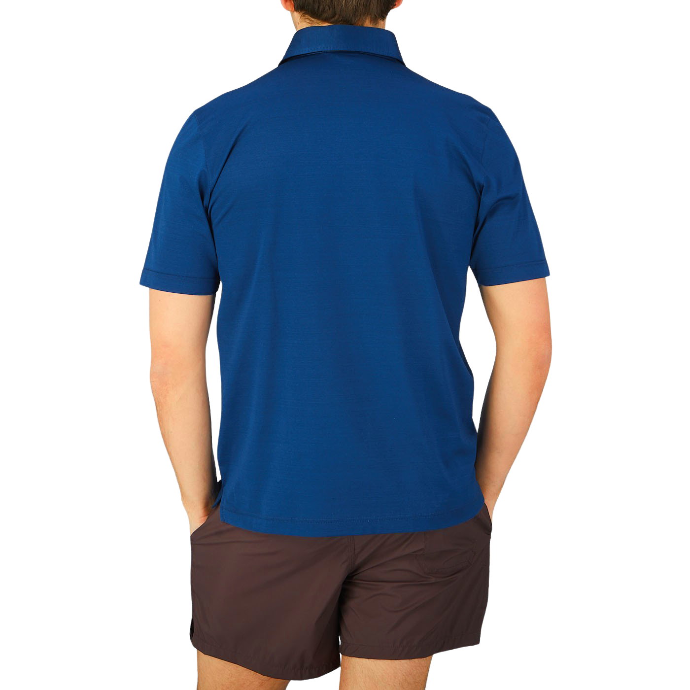 The back view of a man wearing a Gran Sasso Navy Blue Cotton Filo Scozia Polo Shirt.