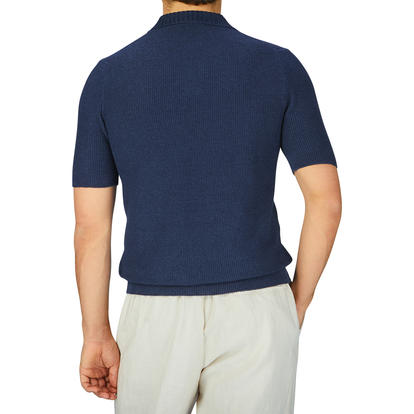 A man in a Gran Sasso Navy Blue Cotton Linen Polo Shirt.