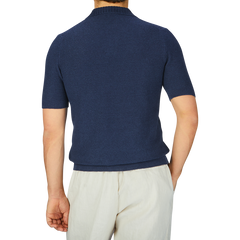 A man in a Gran Sasso Navy Blue Cotton Linen Polo Shirt.