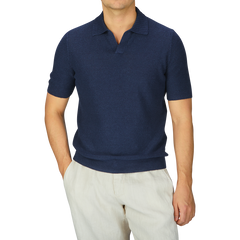 A man in a Gran Sasso Navy Blue Cotton Linen Polo Shirt.