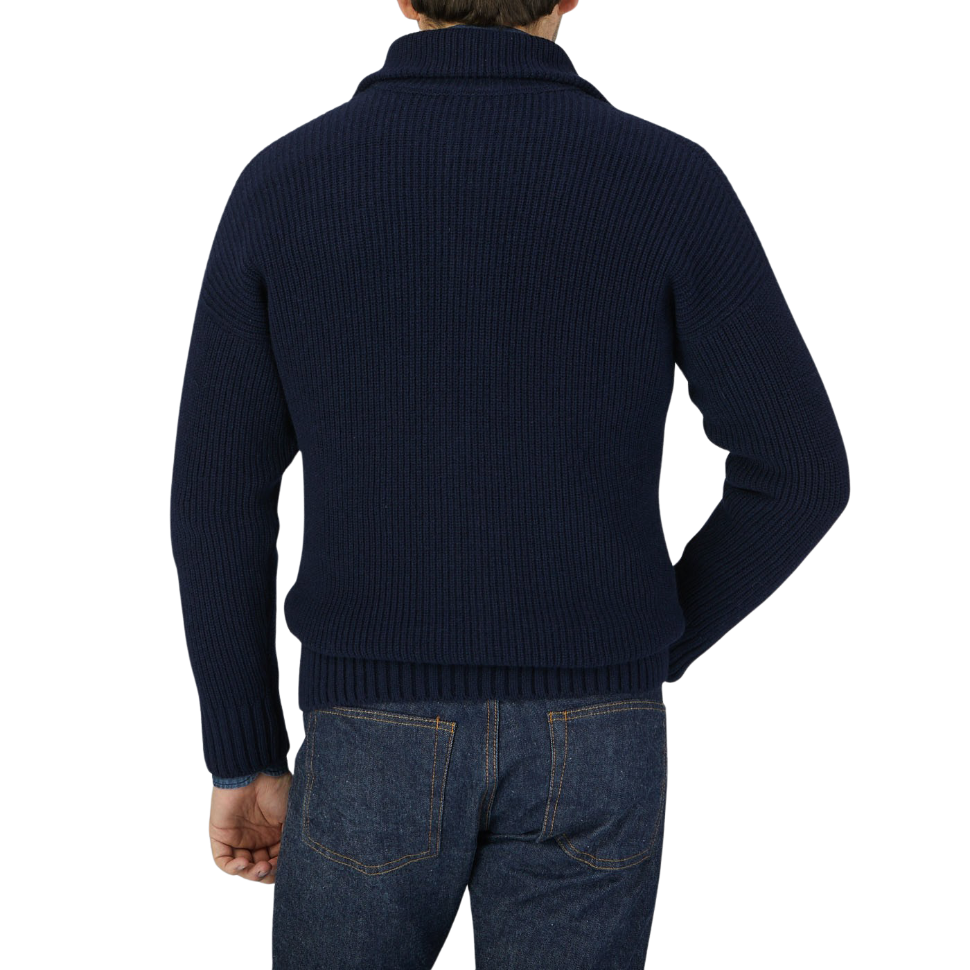 The back view of a man wearing a Gran Sasso Navy Blue Eco Cashmere Funnel Neck Cardigan.