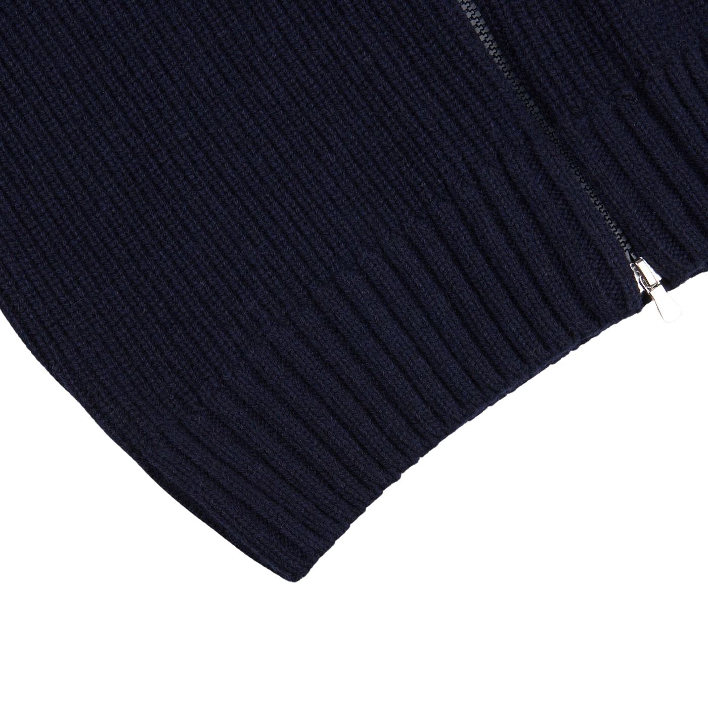 A Gran Sasso production close up of a Navy Blue Eco Cashmere Funnel Neck Cardigan.