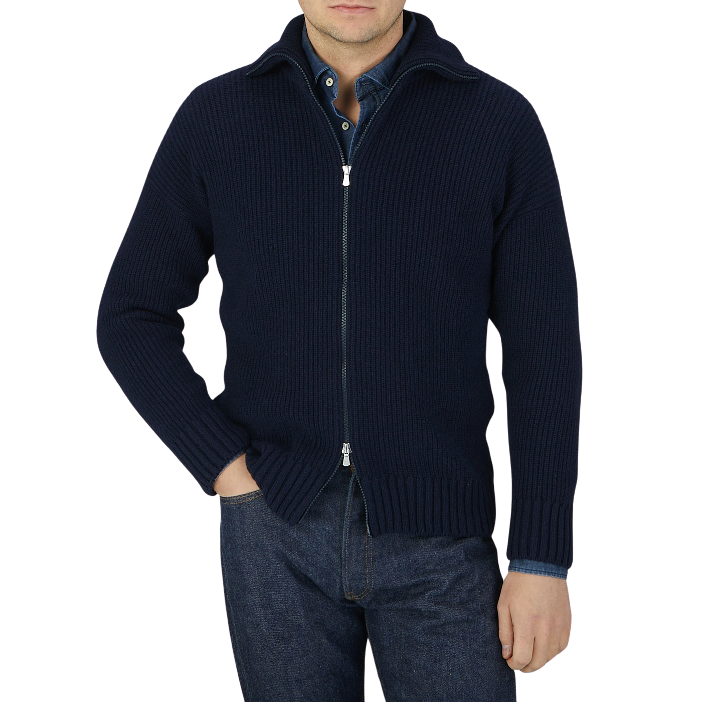 A man wearing a Gran Sasso Navy Blue Eco Cashmere Funnel Neck Cardigan and jeans.