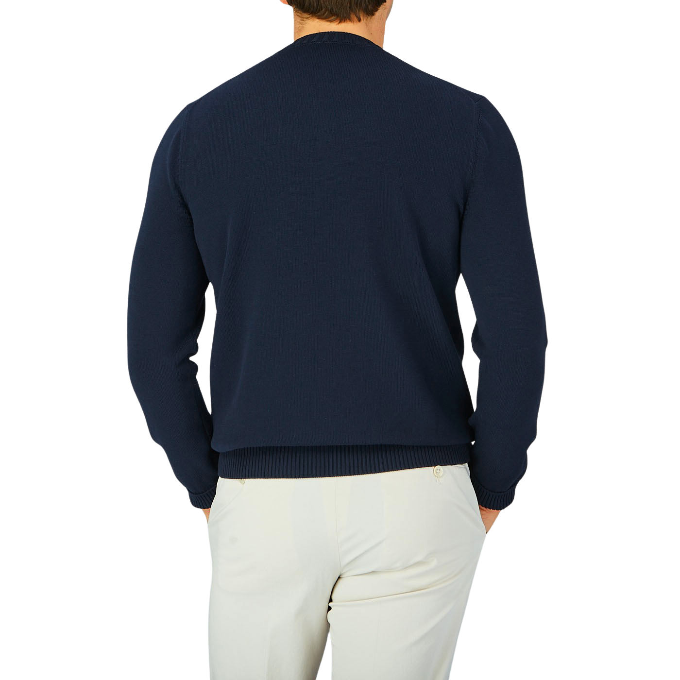 The back view of a man wearing a Gran Sasso Navy Blue Egyptian Cotton Crewneck Sweater.