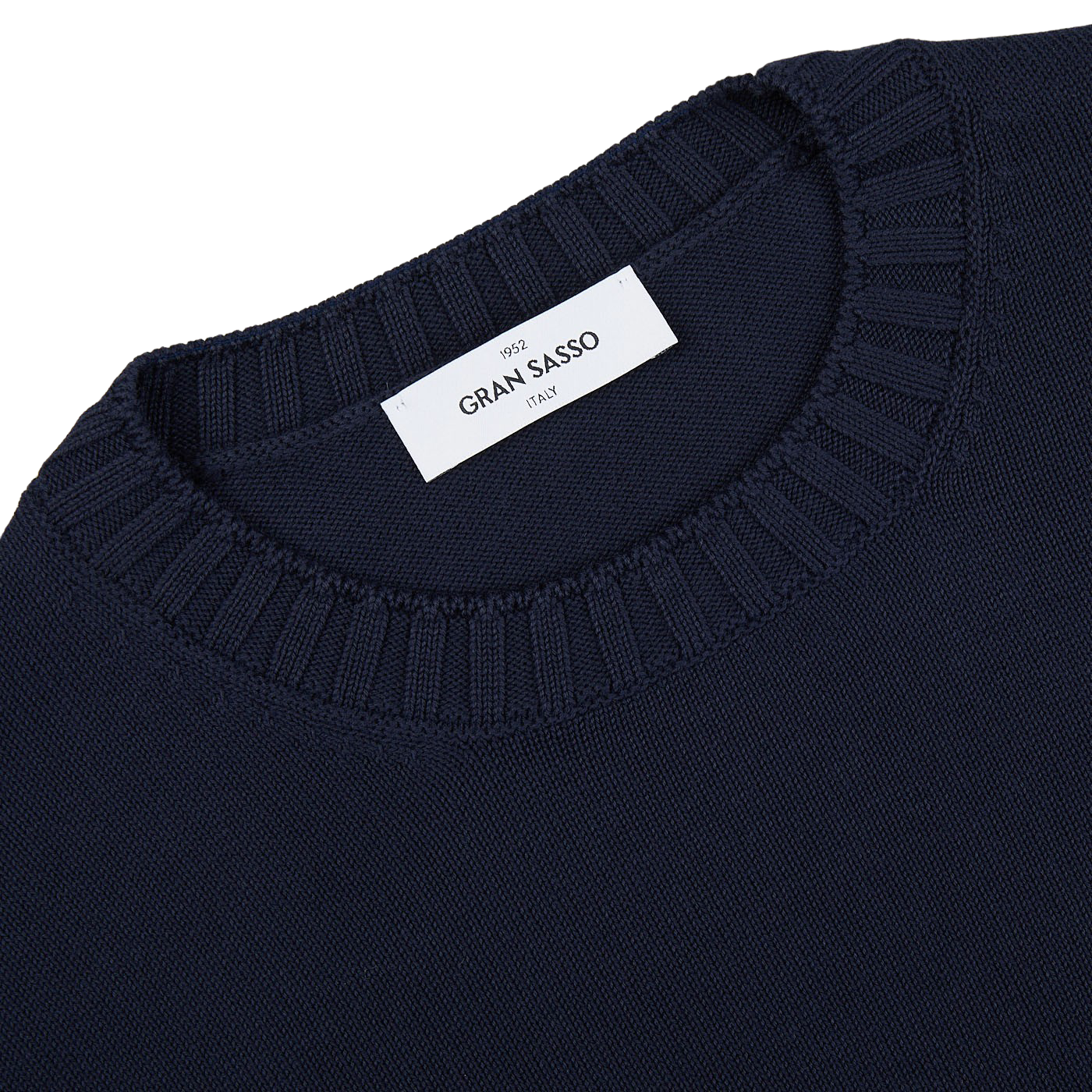 A close up of a Gran Sasso Navy Blue Egyptian Cotton Crewneck Sweater with a label on it.