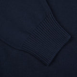 A close up image of a Gran Sasso navy blue Egyptian Cotton crewneck sweater.