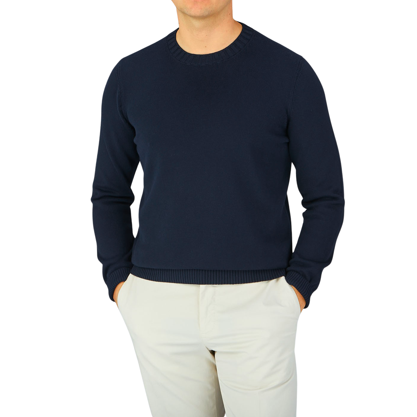 A man wearing a Navy Blue Egyptian Cotton Crewneck Sweater by Gran Sasso.