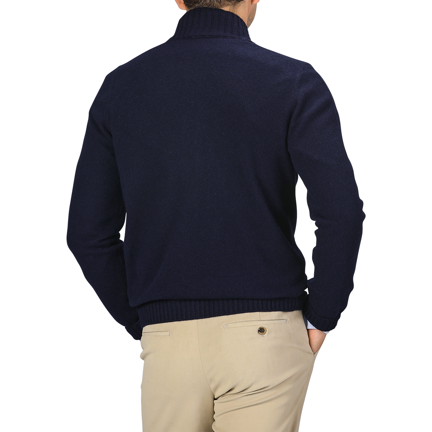 A person wearing a Gran Sasso Navy Blue Felted Cashmere Zip Cardigan and beige pants is shown from the back, with one hand in their pocket and a short haircut visible above the sweater collar.