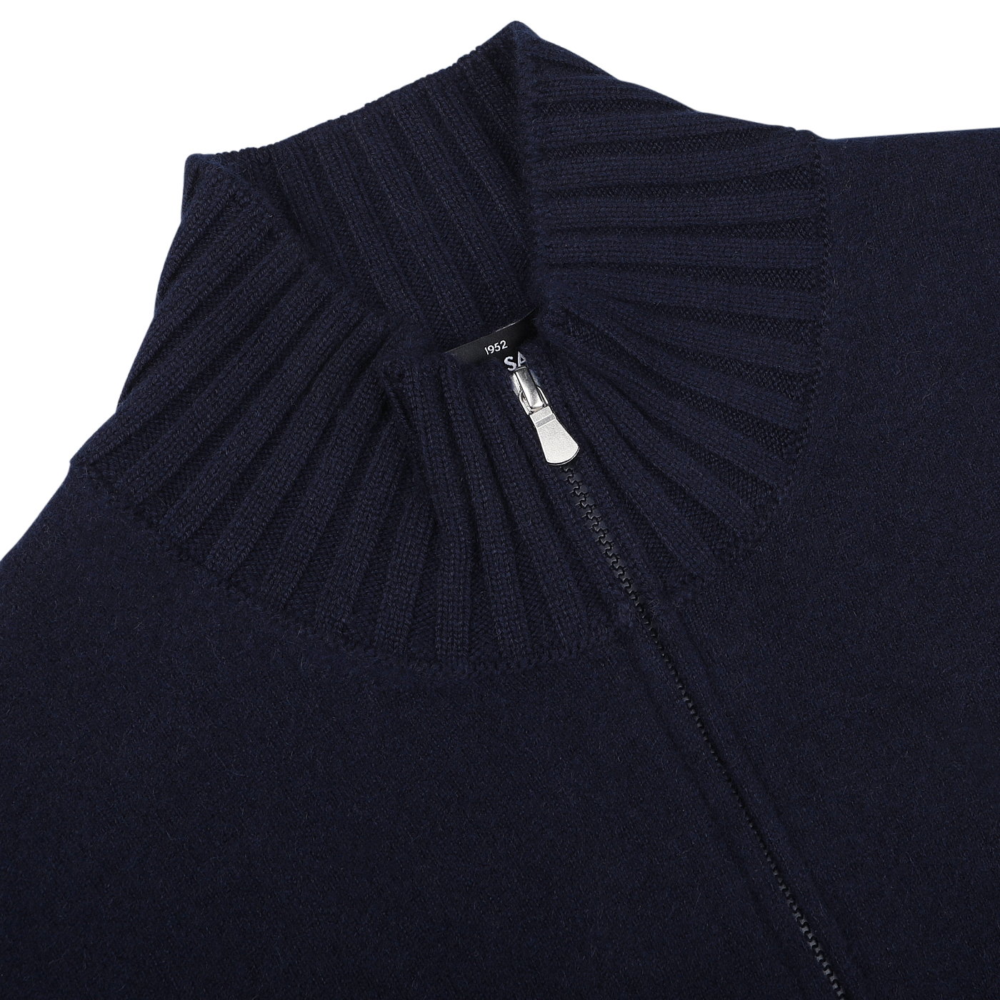 Close-up of the Gran Sasso Navy Blue Felted Cashmere Zip Cardigan, showcasing a ribbed high collar and a soft, contemporary fit.