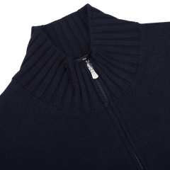 Close-up of the Gran Sasso Navy Blue Felted Cashmere Zip Cardigan, showcasing a ribbed high collar and a soft, contemporary fit.