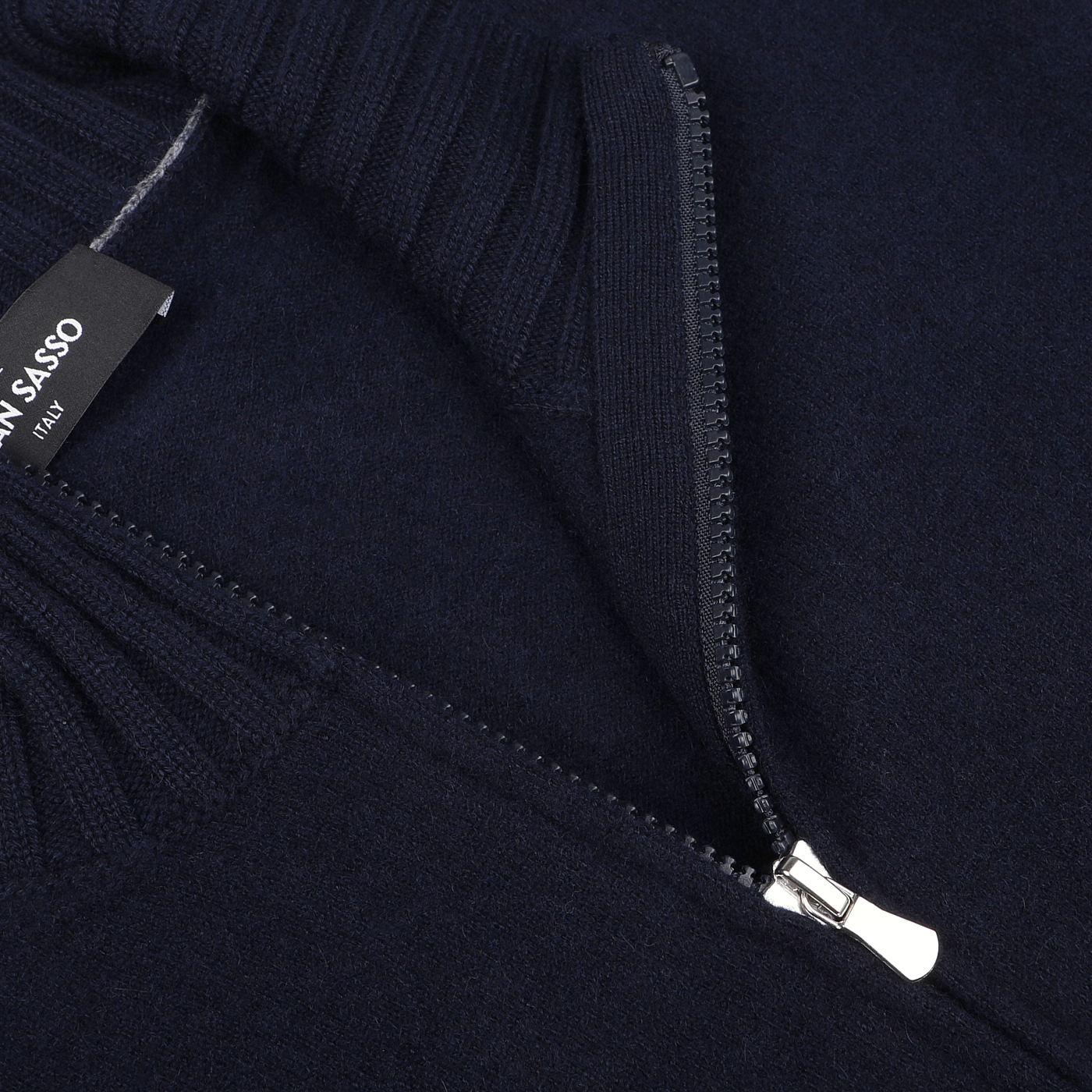 Close-up of the Navy Blue Felted Cashmere Zip Cardigan by Gran Sasso, featuring a ribbed collar and a visible brand tag, crafted from soft felted cashmere.