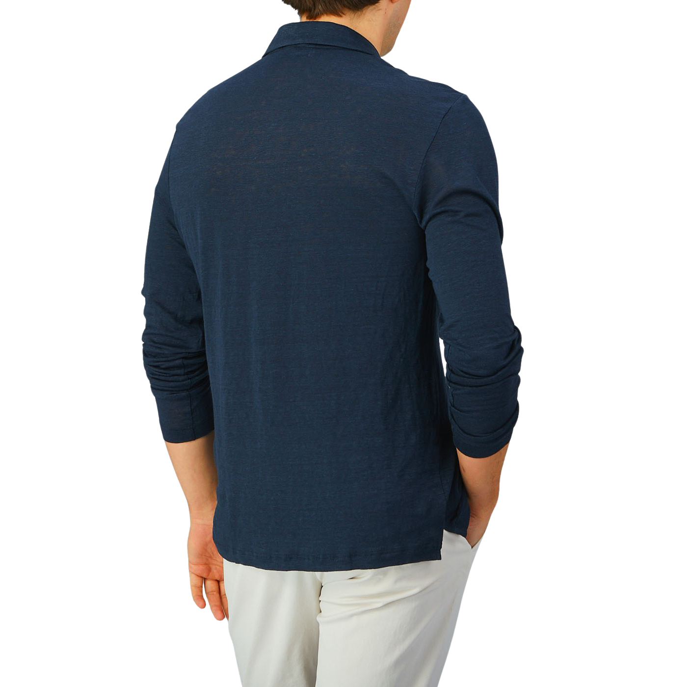 The back view of a man wearing a Gran Sasso Navy Blue Knitted Linen LS Polo Shirt.