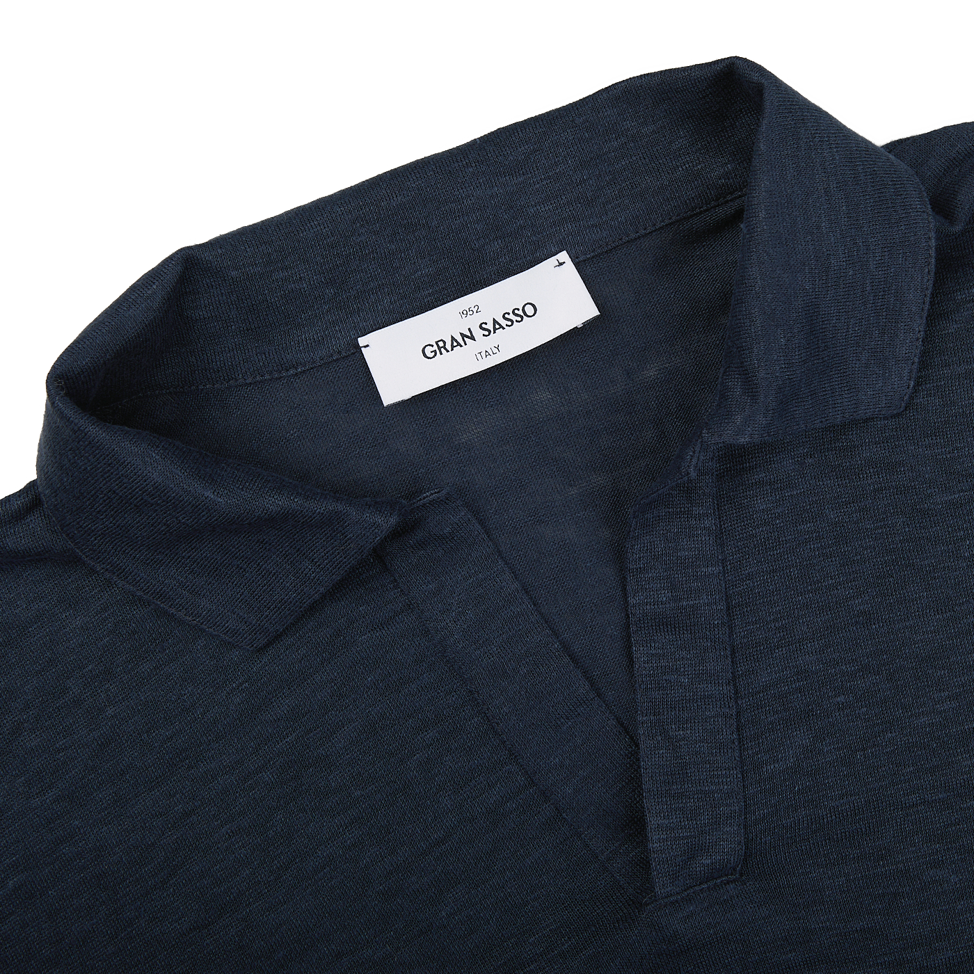The Gran Sasso Navy Blue Knitted Linen LS Polo Shirt with a label on it.