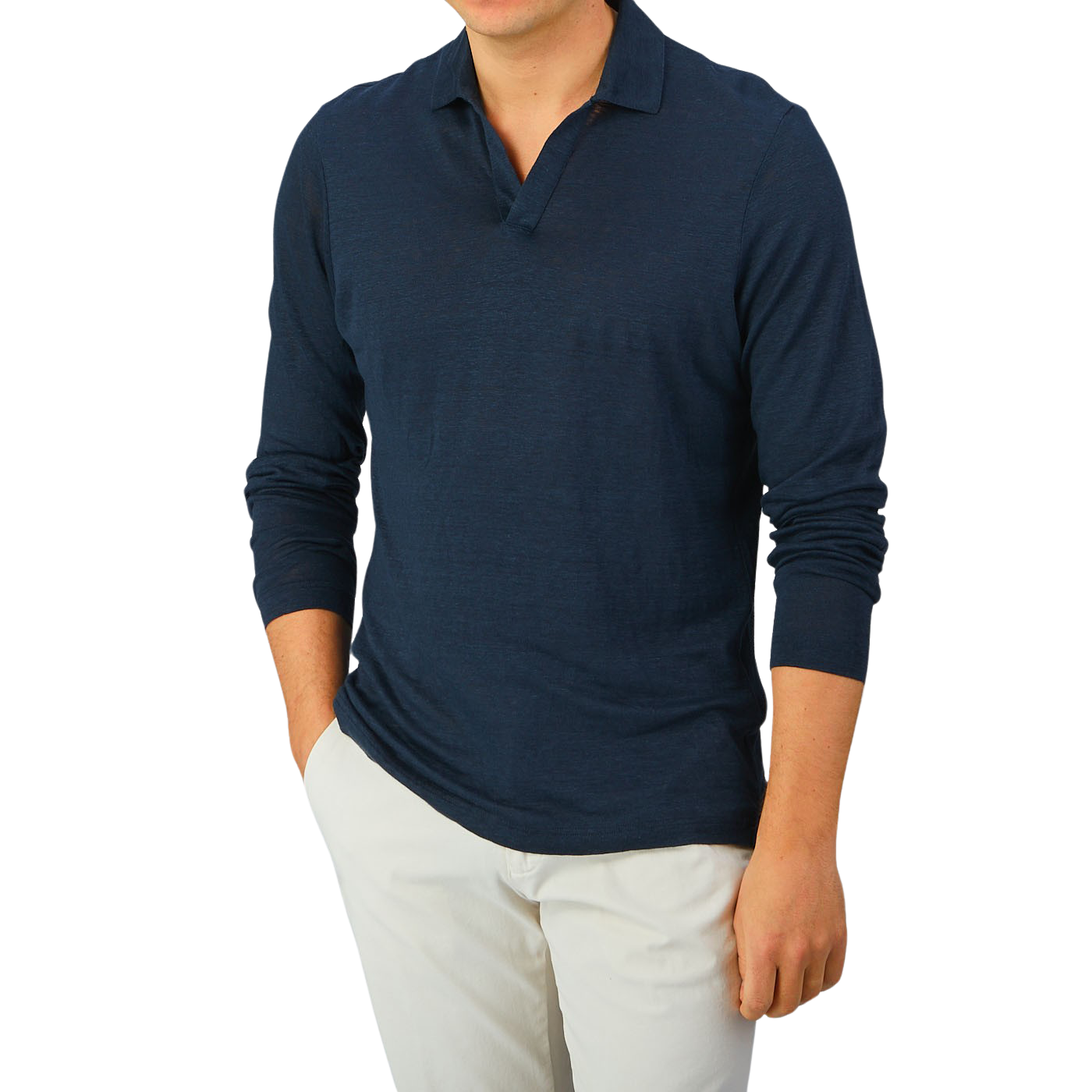 A man wearing a Gran Sasso Navy Blue Knitted Linen LS Polo Shirt.