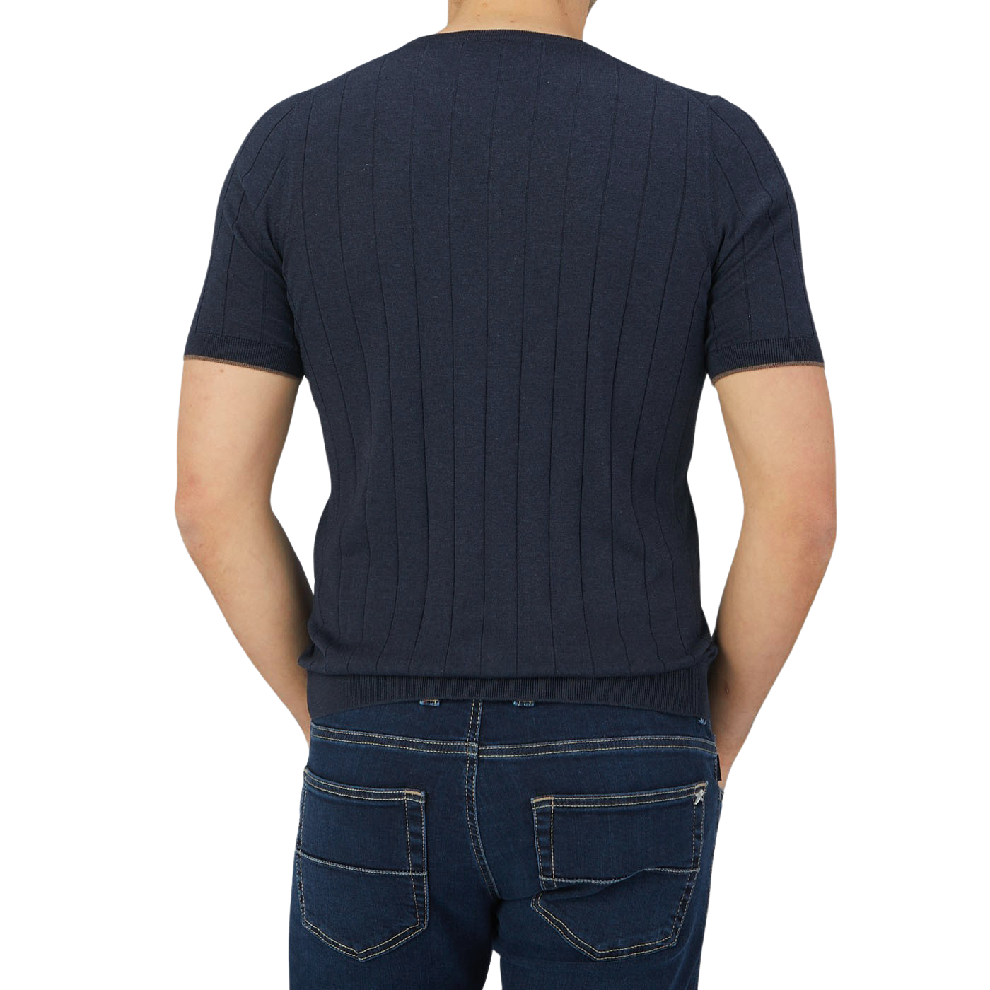 The back view of a man wearing a Gran Sasso Navy Blue Knitted Silk T-Shirt.