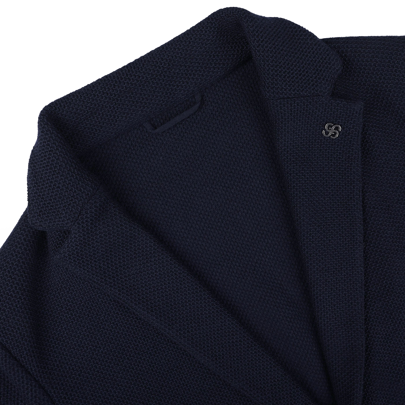 Close-up of the Gran Sasso Navy Blue Virgin Wool Sartorial Jacket, highlighting the collar and an attached pin near the lapel.