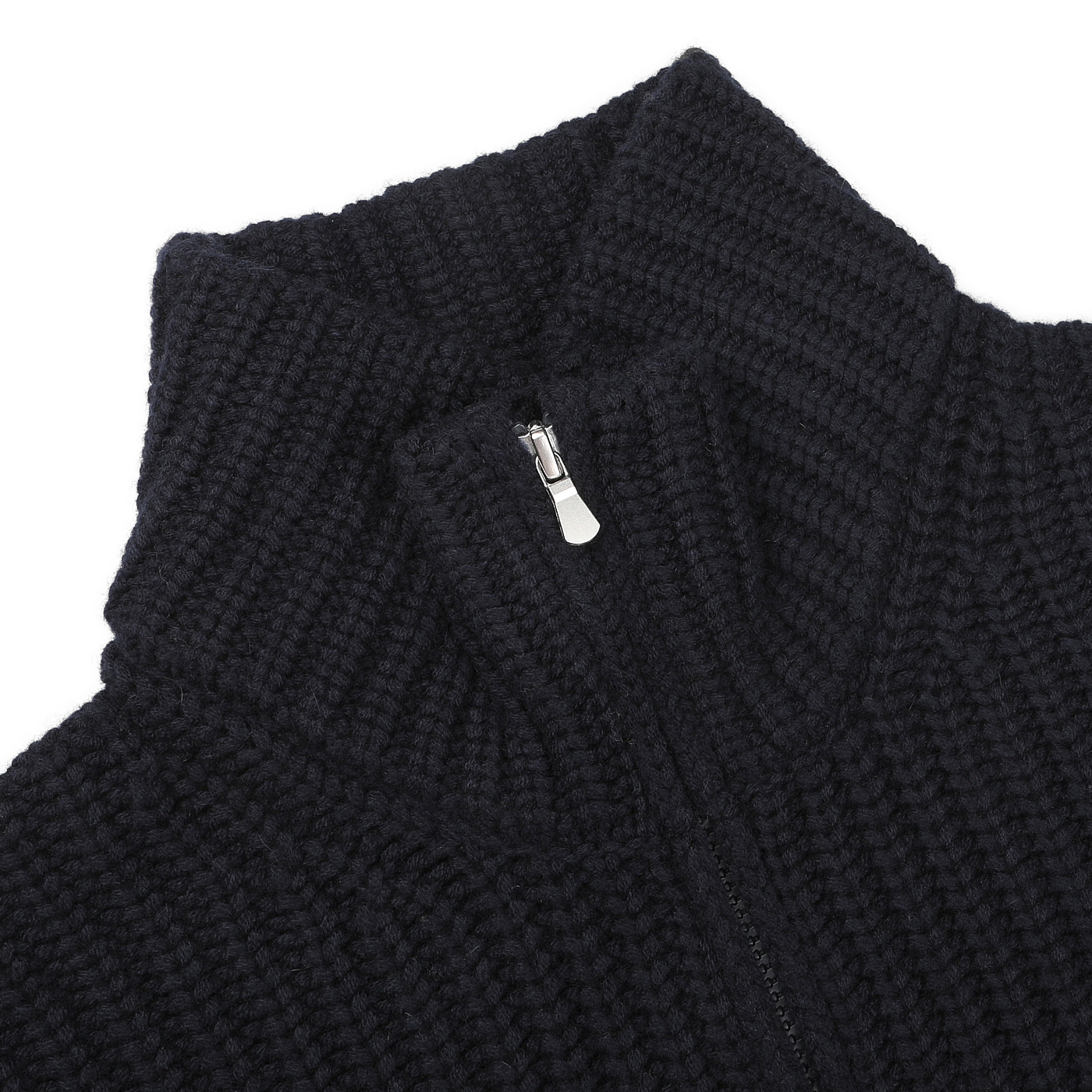 Close-up of a textured, navy blue Wool Cashmere Heavy Knit Cardigan by Gran Sasso, featuring a zippered design and a high collar.